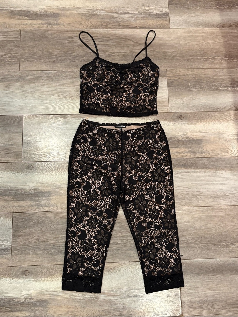 Fashion Nova Black Lace Crop Camisole & Capri Sleep Set